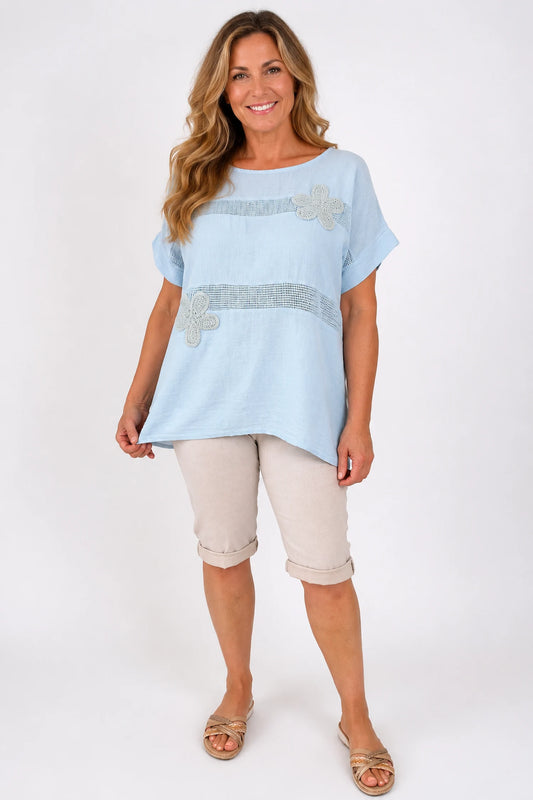Pure Cotton Embroidered Flower Mesh Detail Capari Top - Baby Blue