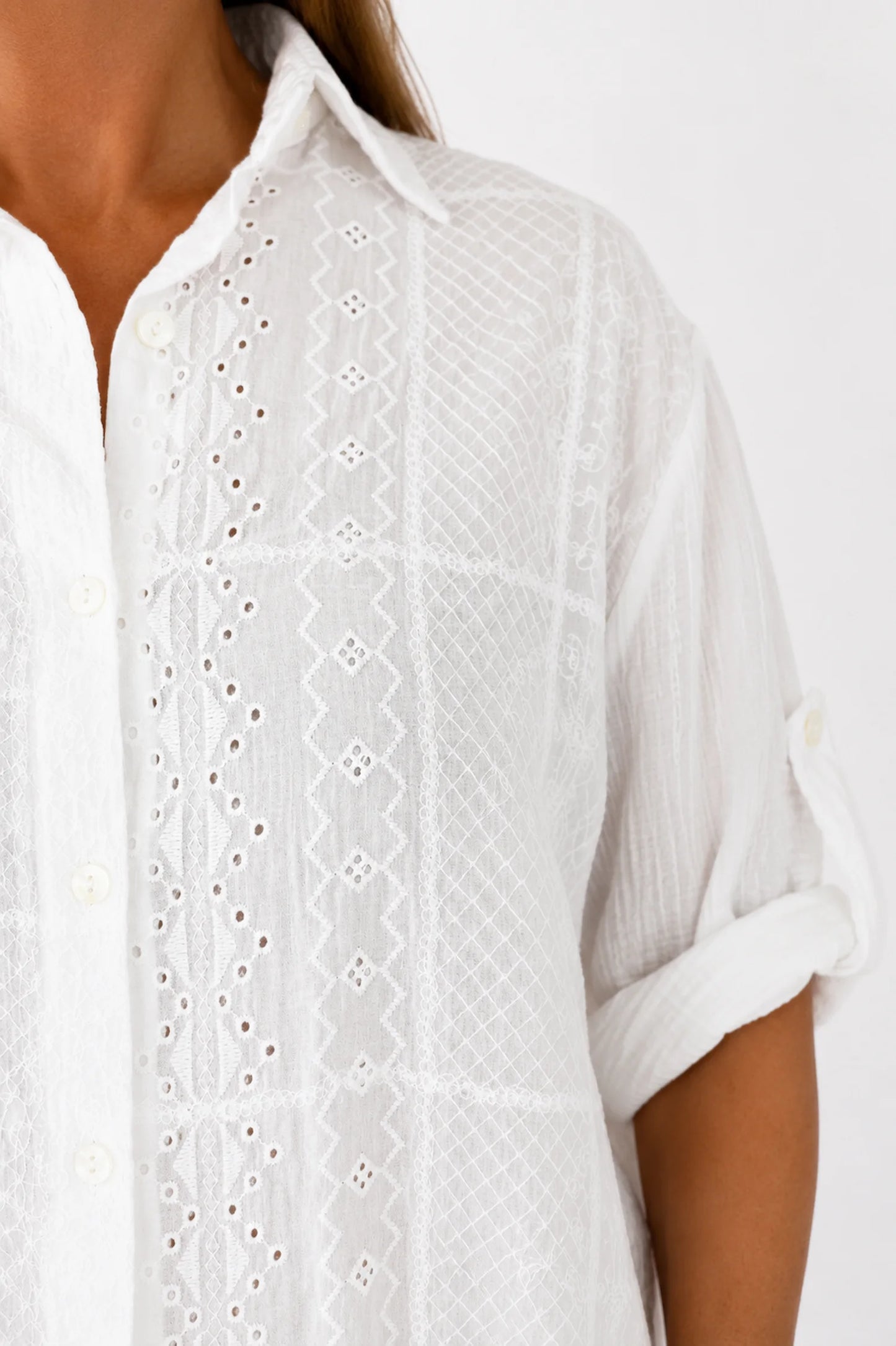 Pure Bubble Cotton Embroidery Anglaise Daphne Button Sleeve Shirt - White