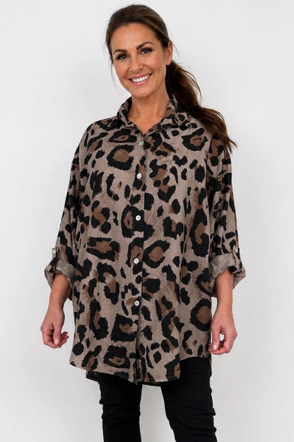 Roxy Leopard Button Sleeve Button Shirt - Mocha