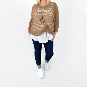 Darla Batwing Rugged Detail Crochet Top - Camel