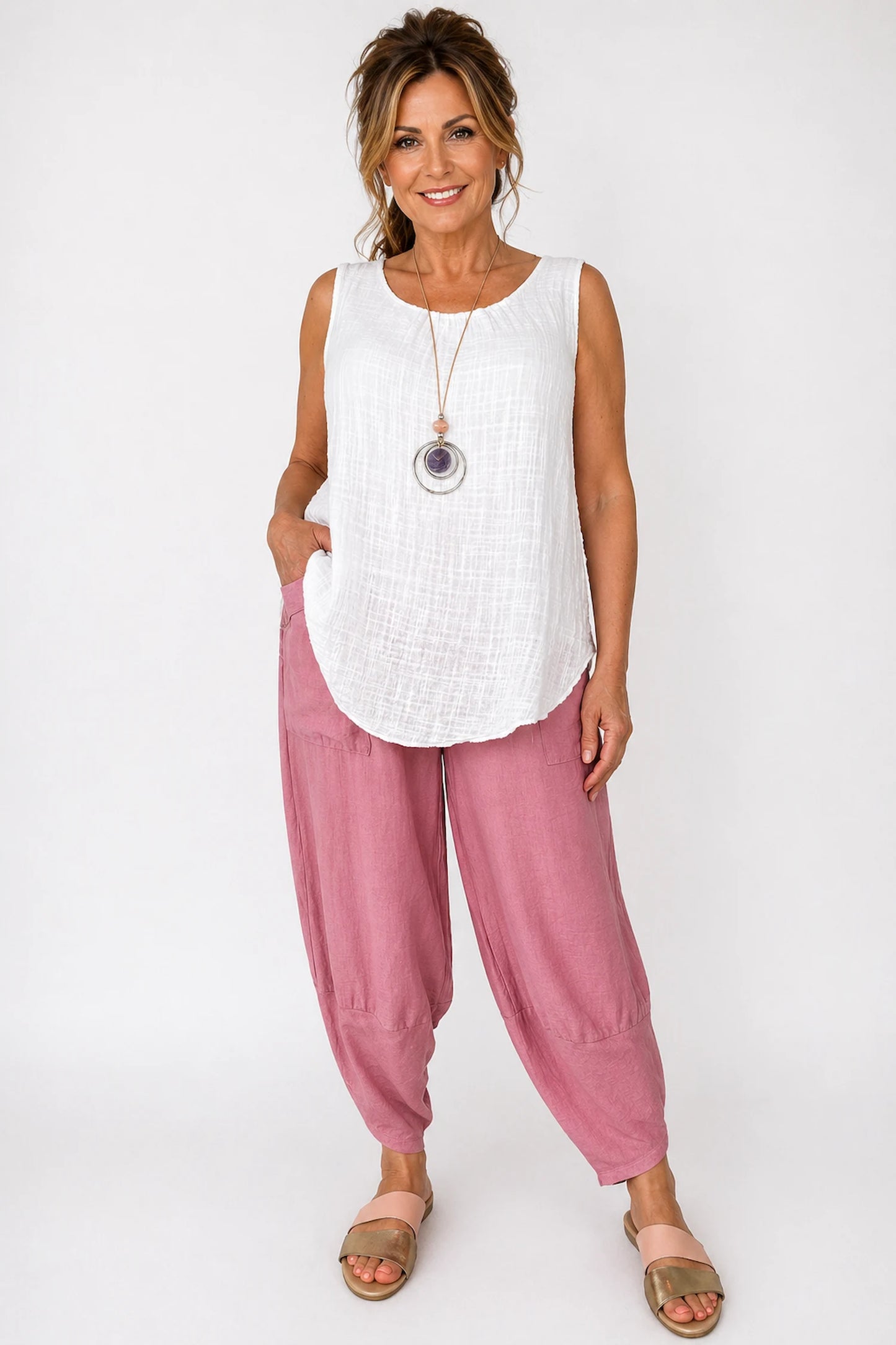 Lagen Look Double Subtle Panel Pocket Elasticated Waist Freya Pants - Vintage Rose