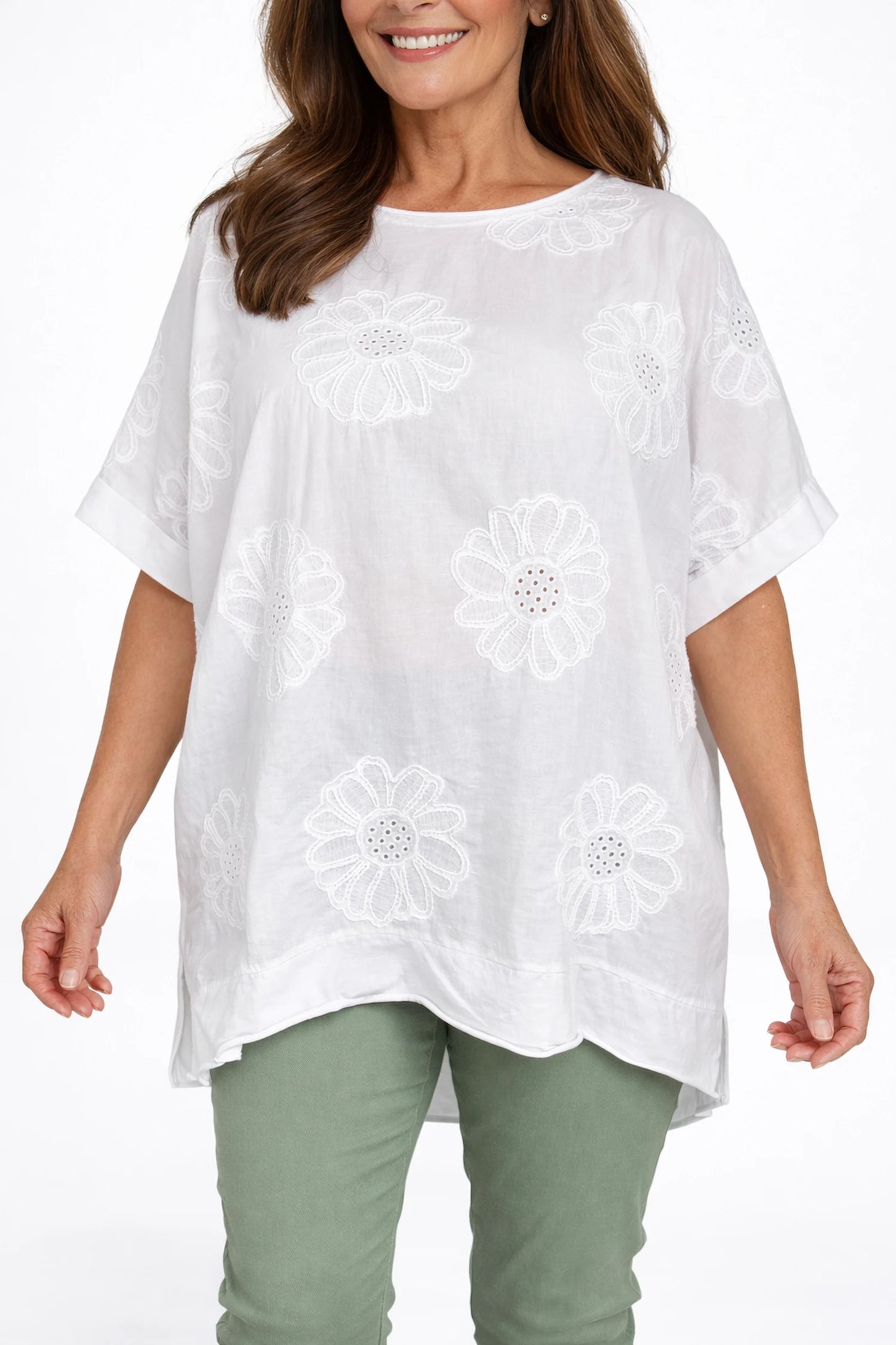 Pure Cotton Embroidered Flower Viera Top - White