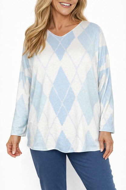 Wool Mix Spring Knit Argyle Florence Top - Baby Blue