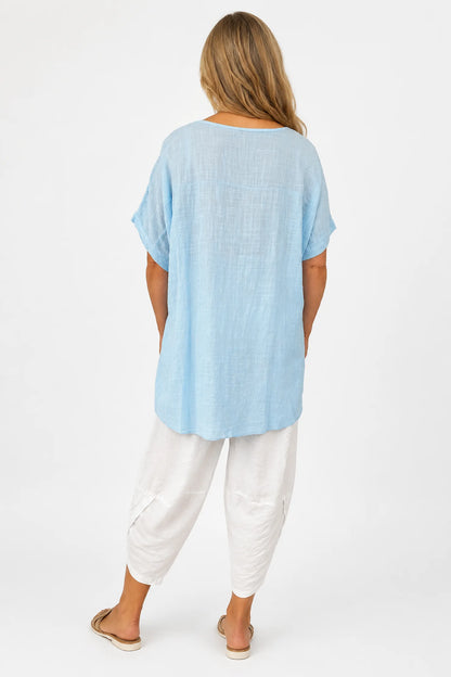 Pure Cotton Embroidered Crochet Sleeve Amira Top - Baby Blue
