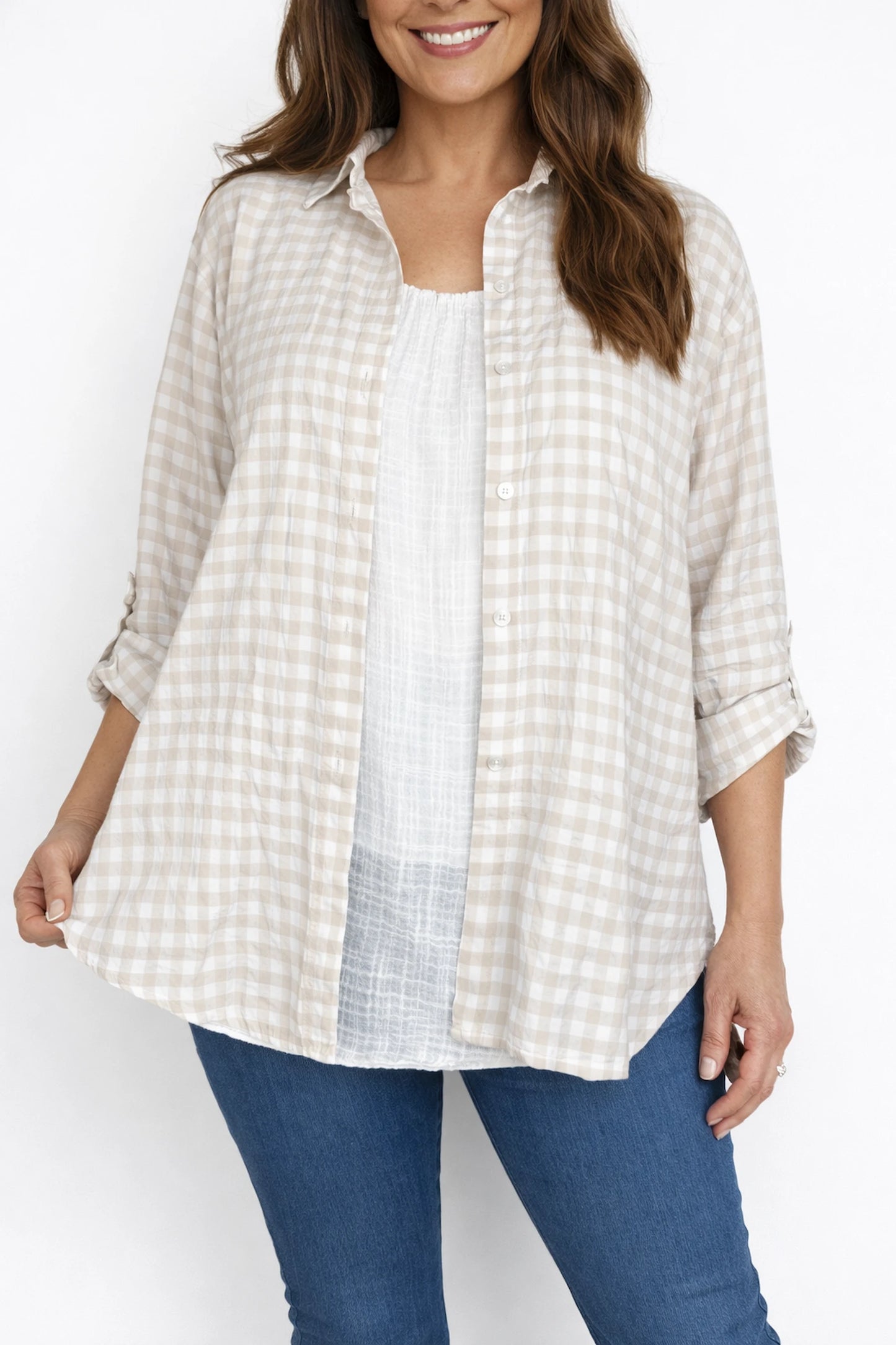 Cotton Button Sleeve Gingham Roxy Shirt - Beige
