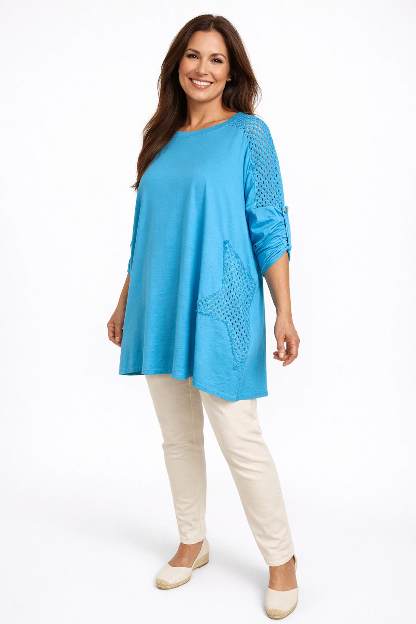Cotton Crochet Detail Charmaine Button Sleeve Top - Turquoise