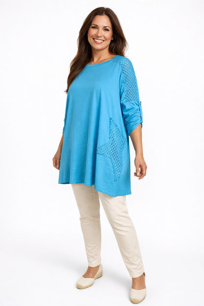 Cotton Crochet Detail Charmaine Button Sleeve Top - Turquoise