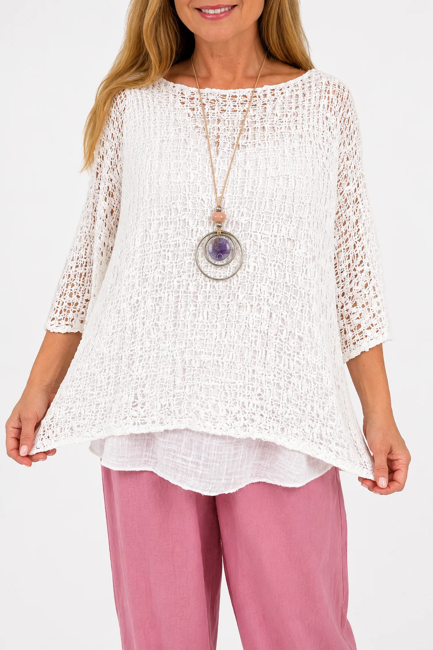 Amelia Ikat Premium Stitch Batwing Crochet - White