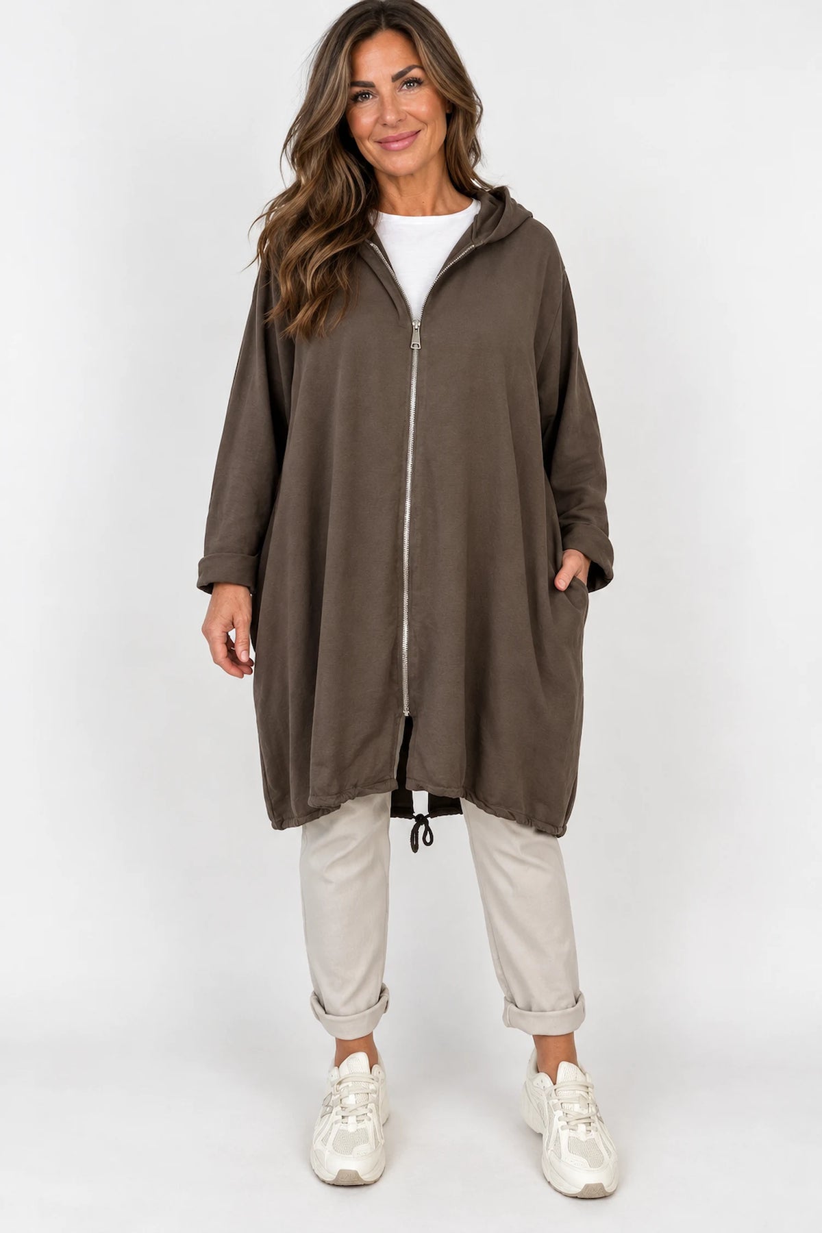 Cotton Double Pocket Kasi Zipped Hooded Jacket - Chocolate