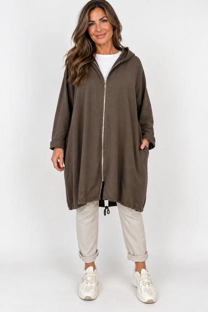 Cotton Double Pocket Kasi Zipped Hooded Jacket - Chocolate