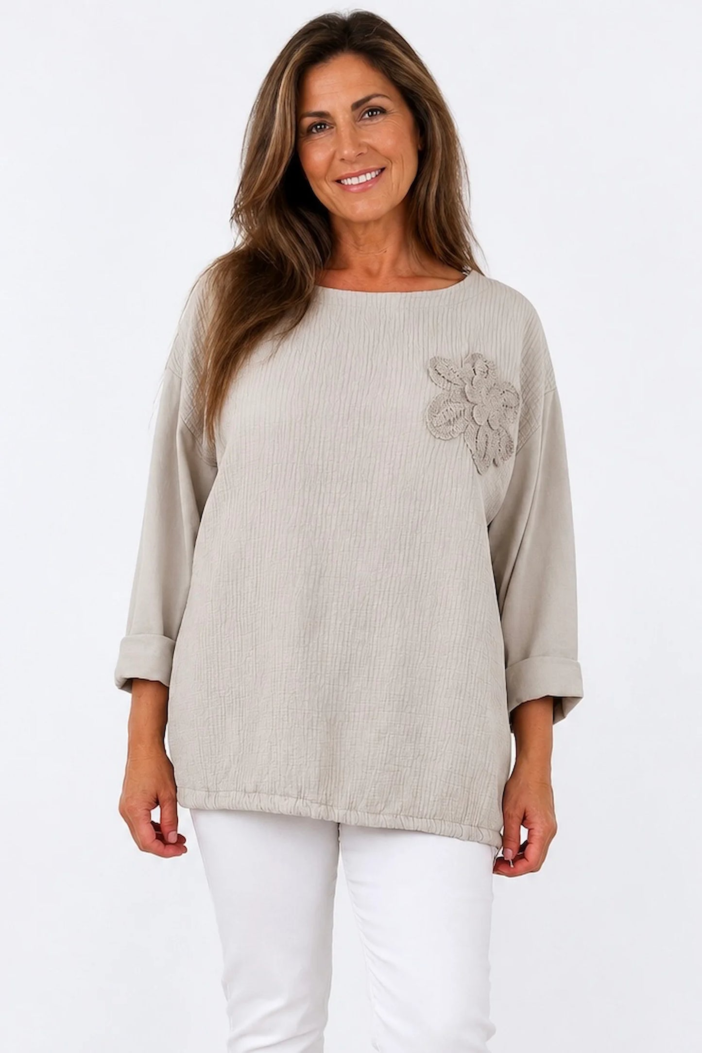 Cotton Embroidered Floral Tied Hem Flerissa Top - Beige