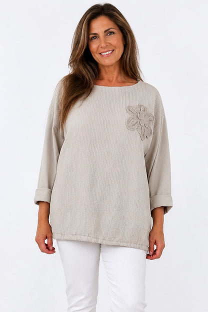 Cotton Embroidered Floral Tied Hem Flerissa Top - Beige