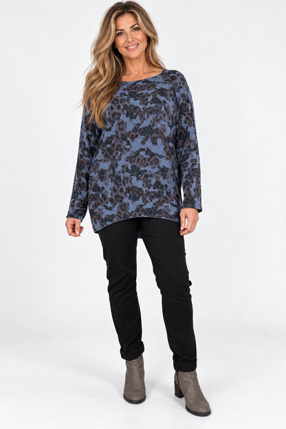 Fine Knit Kara Leopard Top - Midnight Blue