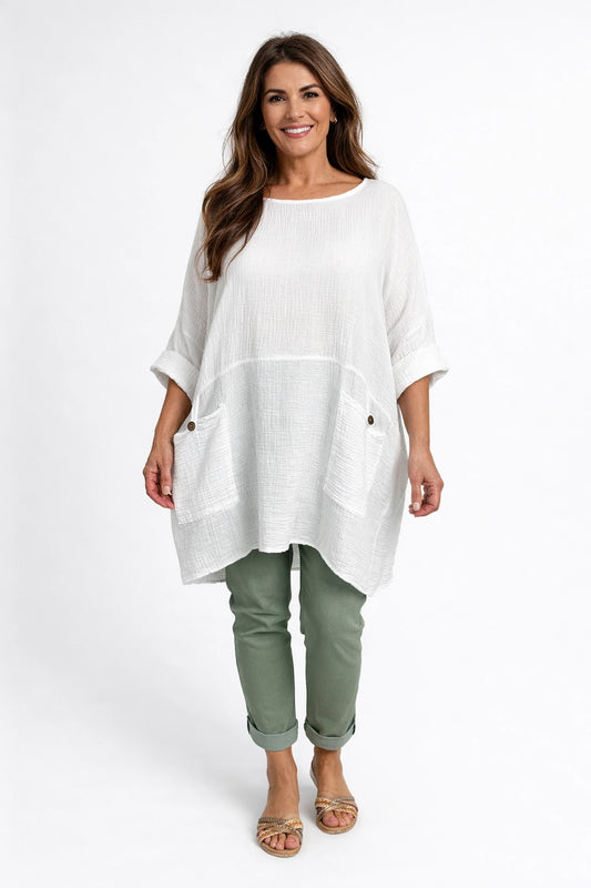 Bubble Cotton Double Button Pocket Tunic Top - White