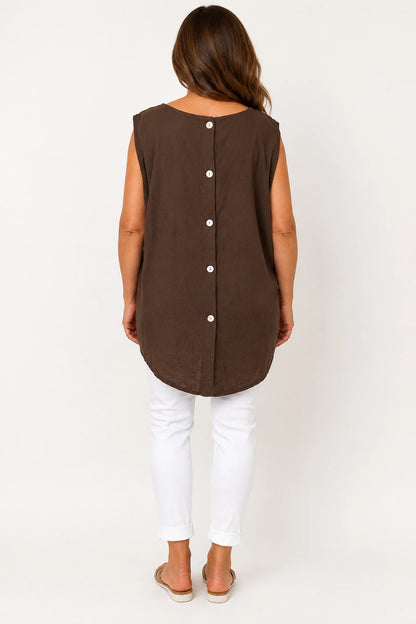Linen Cotton Mix Button Back Embroidered Crochet Pocket Primrose Vest - Chocolate