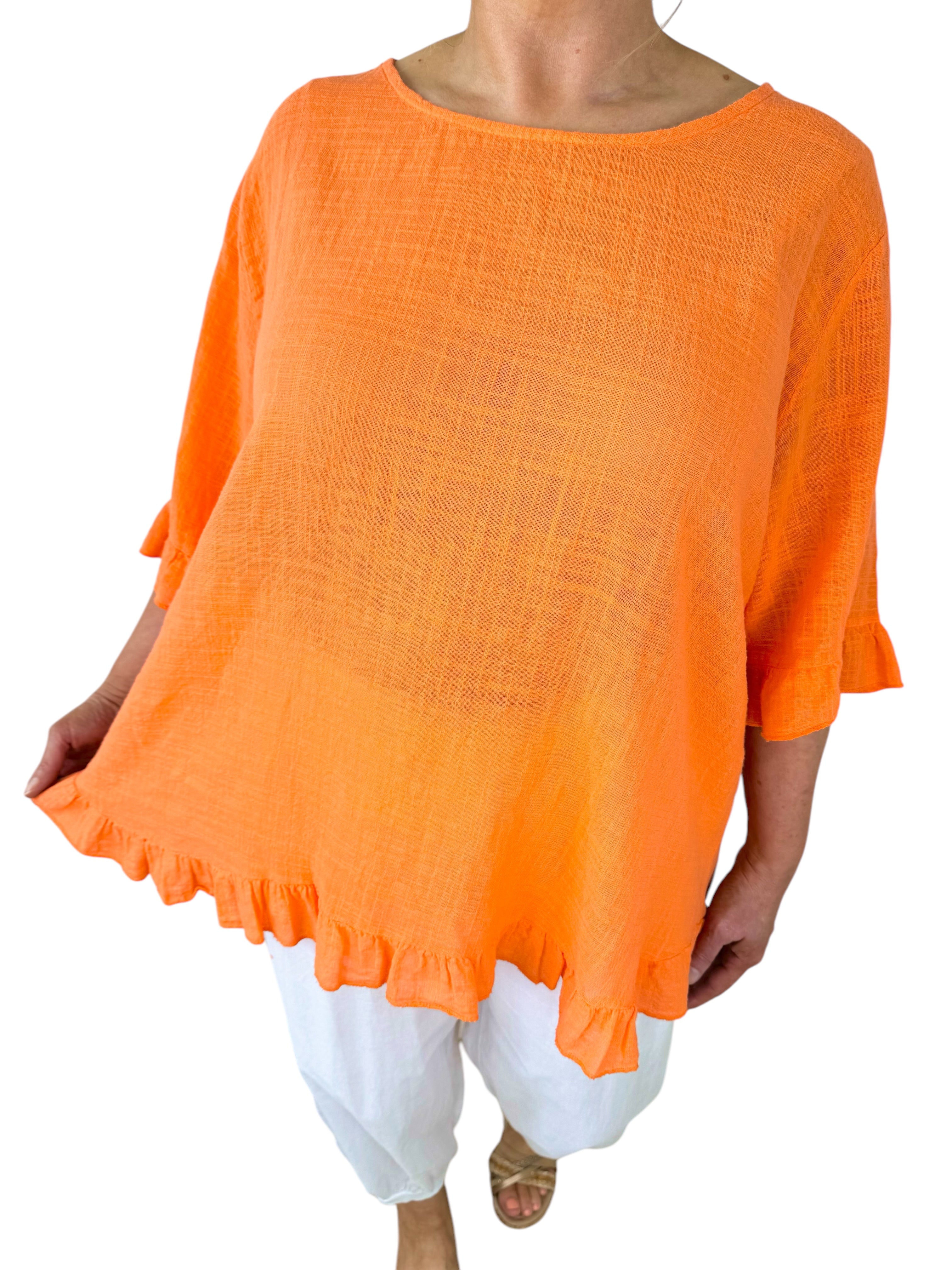 Pure Cotton Linen Look Frill Top - Orange