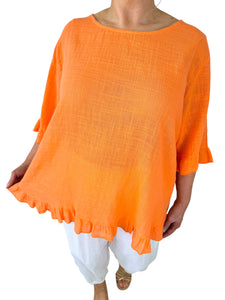 Pure Cotton Linen Look Frill Top - Orange