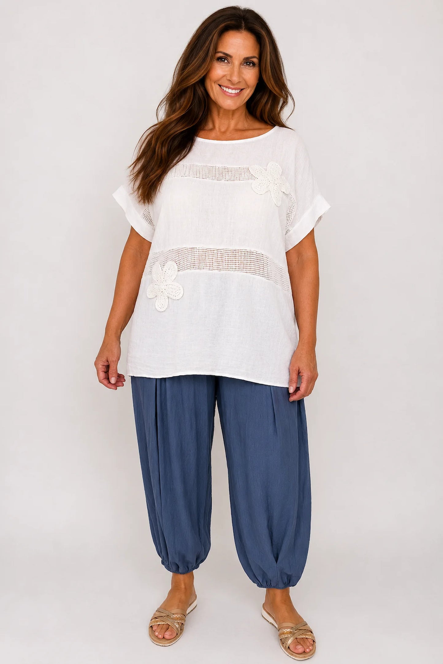 Pure Cotton Embroidered Flower Mesh Detail Capari Top - White