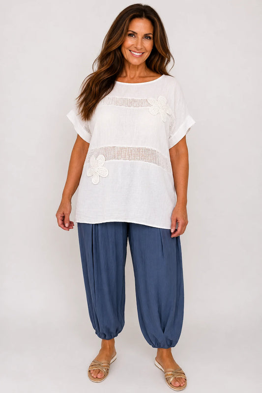 Pure Cotton Embroidered Flower Mesh Detail Capari Top - White