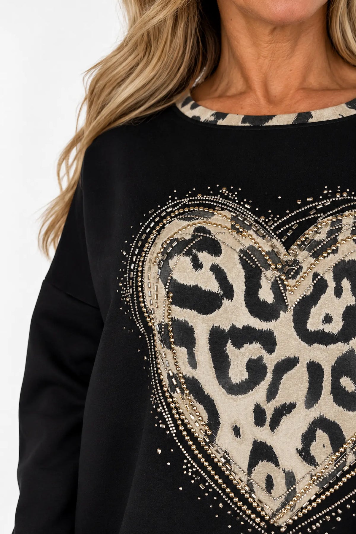 Leopard Trim Diamanté Heart Lexi Top - Black