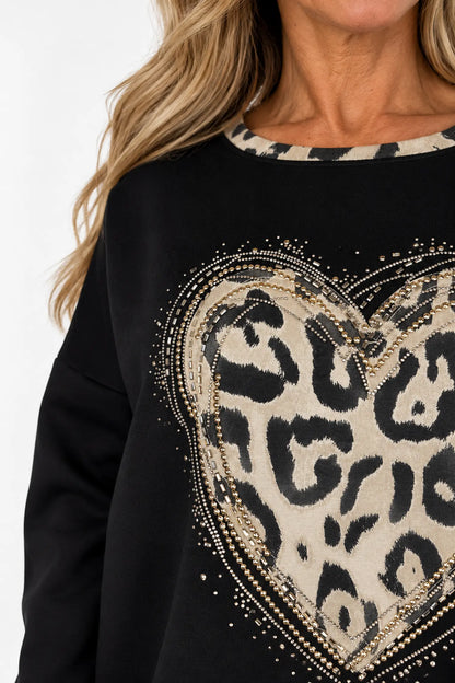 Leopard Trim Diamanté Heart Lexi Top - Black