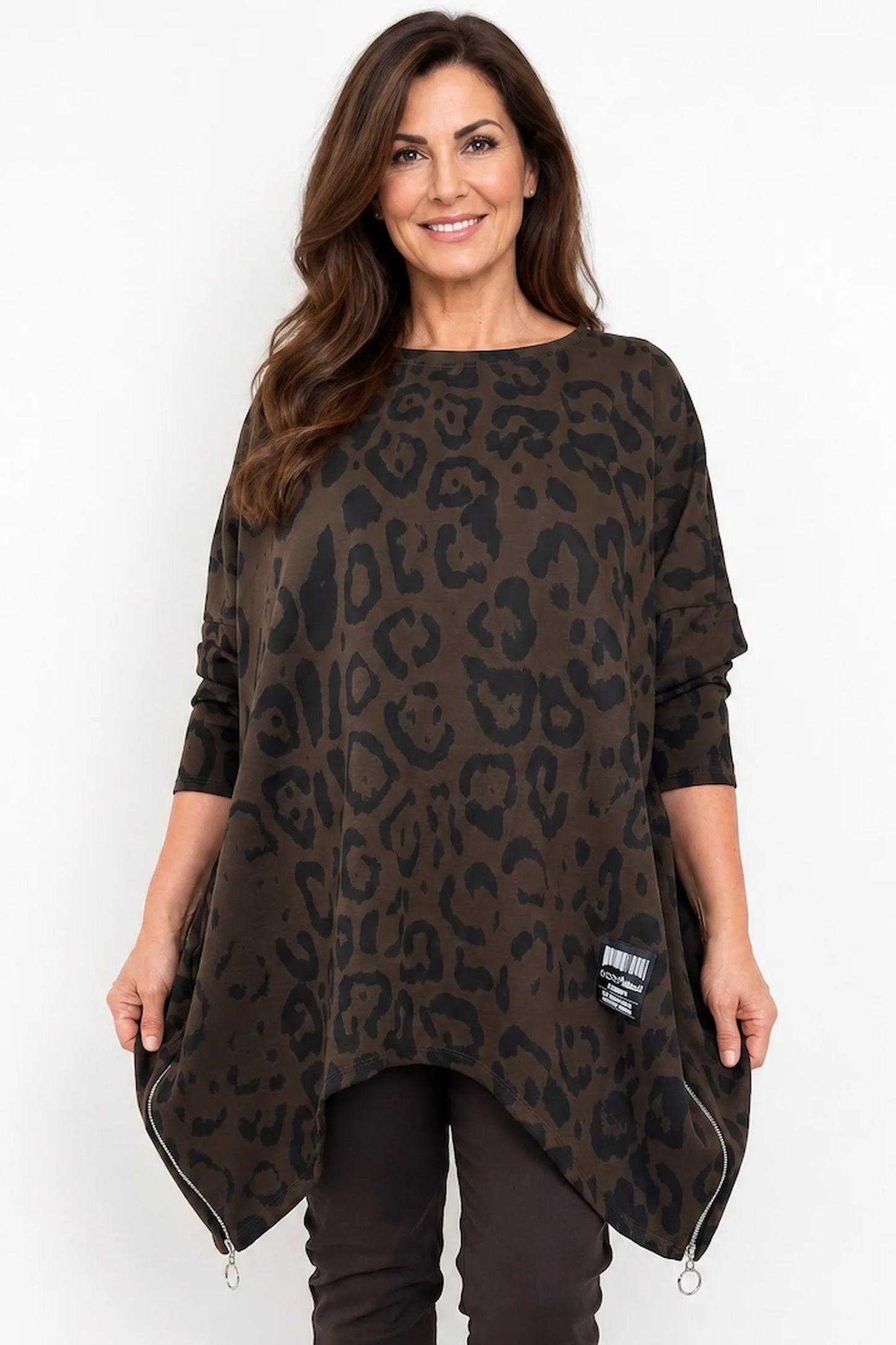 Zip Detail Scuba Leopard Zizzi Tunic Top - Chocolate