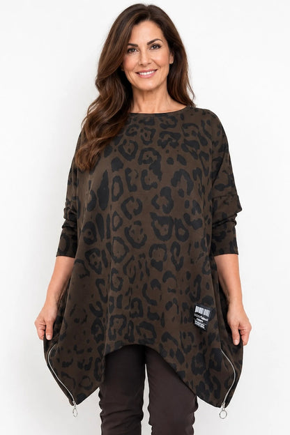 Zip Detail Scuba Leopard Zizzi Tunic Top - Chocolate