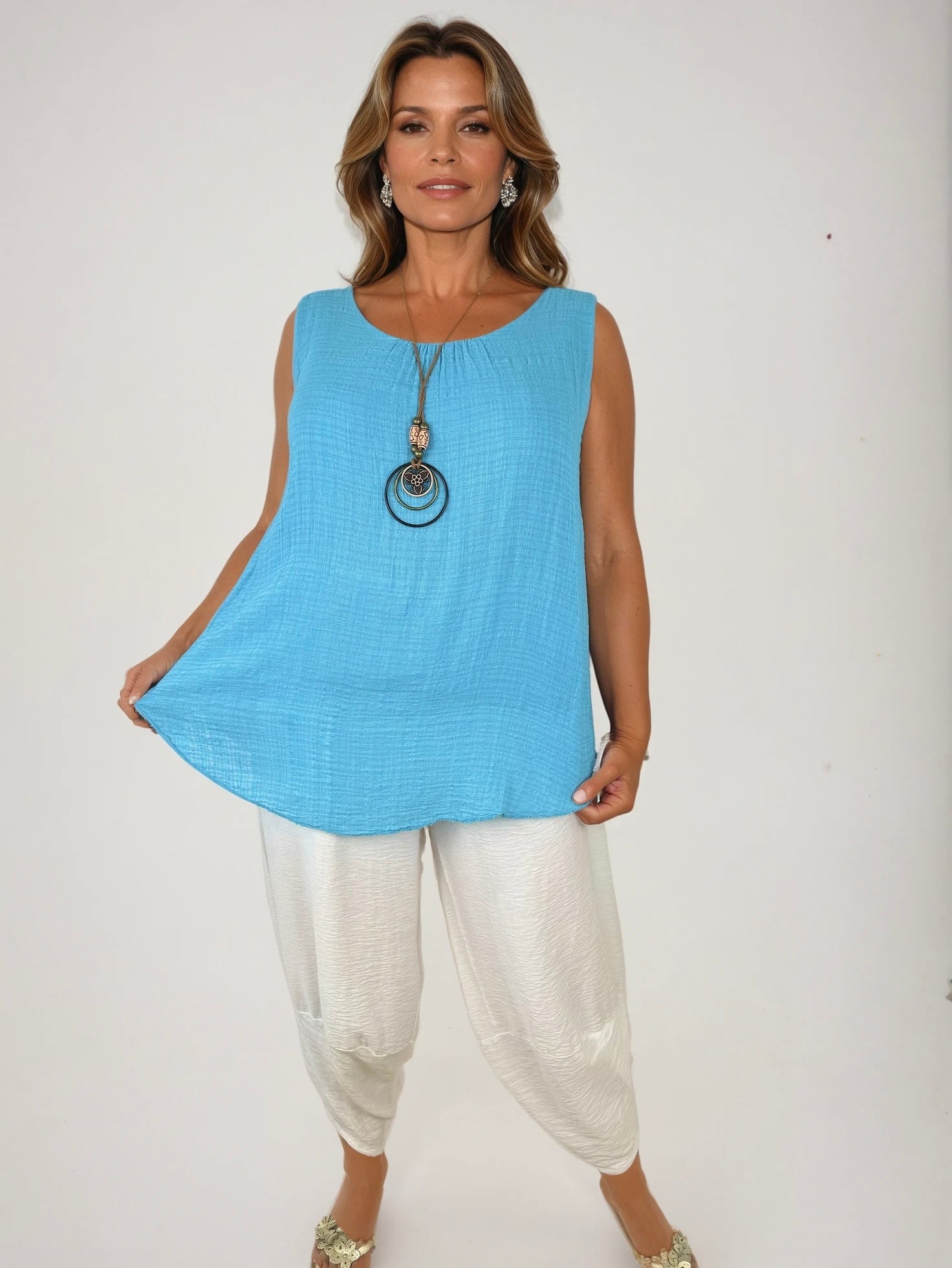 Fully Lined Cotton Necklace Vest - Turquoise