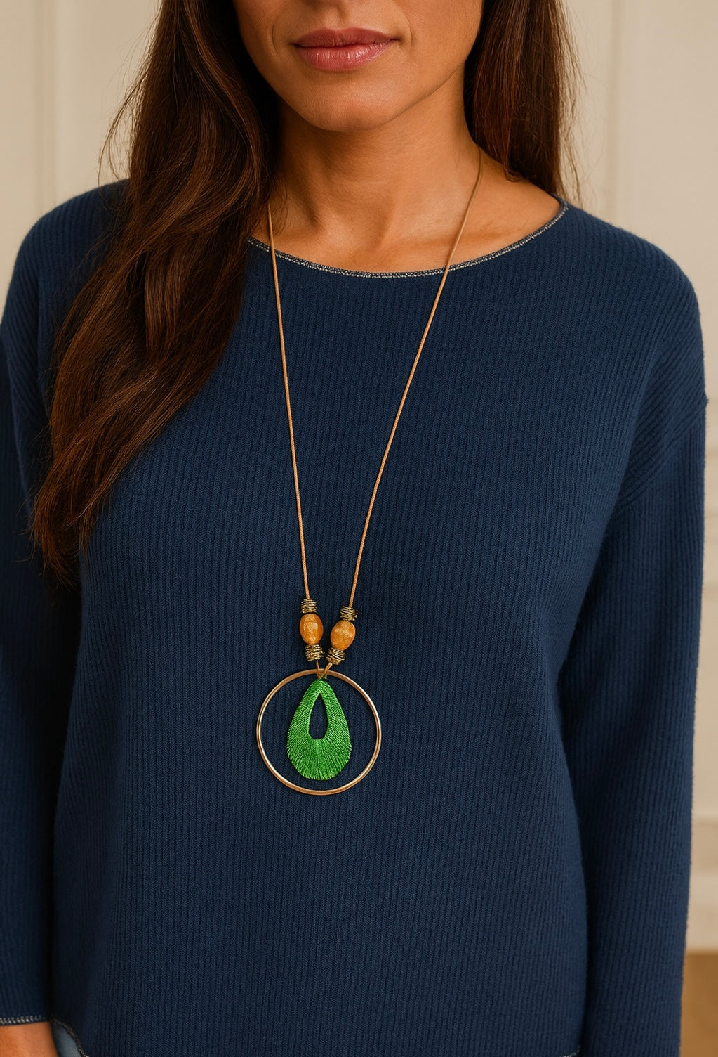 Ribbed Knit Silver Lining Veronica Necklace Top - Navy