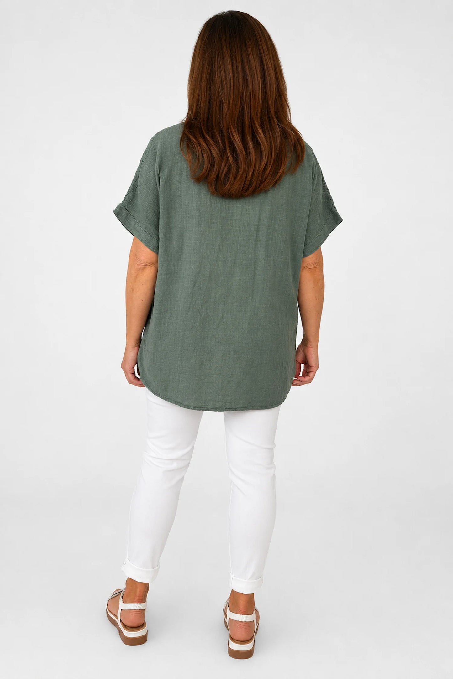 Pure Cotton Embroidery Anglaise Crochet Sleeve Devure Top - Khaki