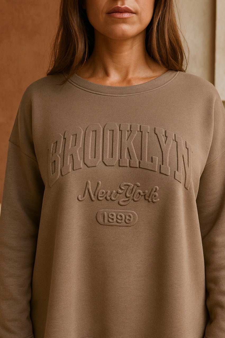 Brooklyn Embossed Light Weight Sweatshirt - Mocha
