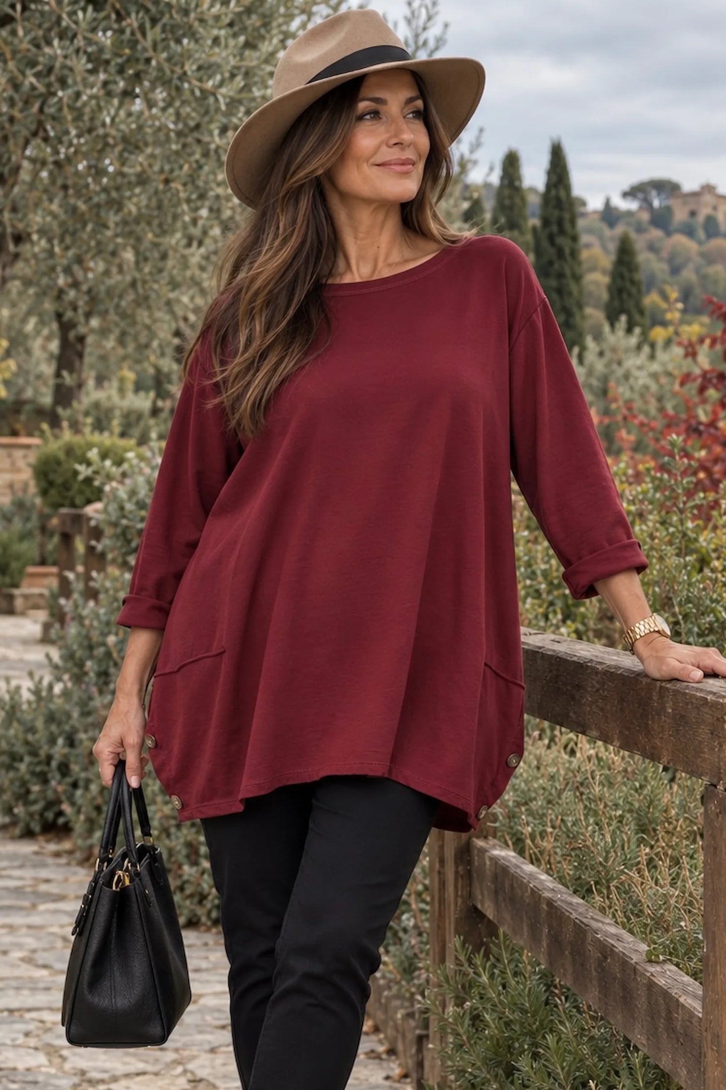 Cotton Button Side Maya Top - Wine