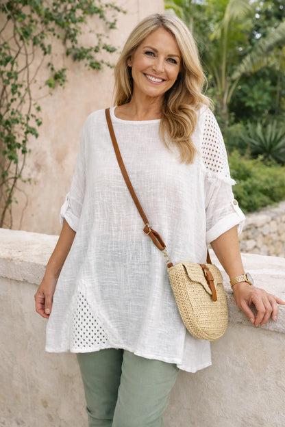 Linen Look Pure Cotton Crochet Detail Button Sleeve Briosa Top - White