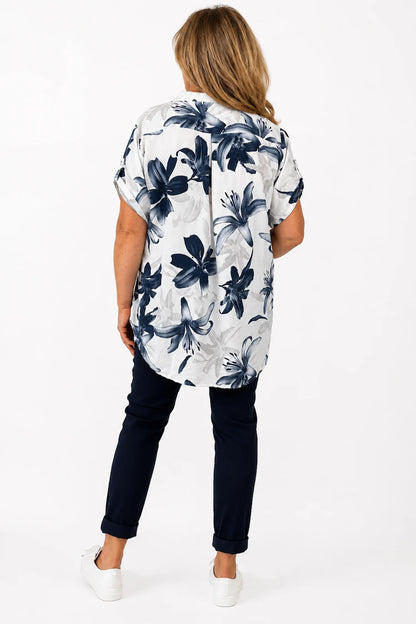 Button Sleeve Savannah Floral Button Shirt - Navy