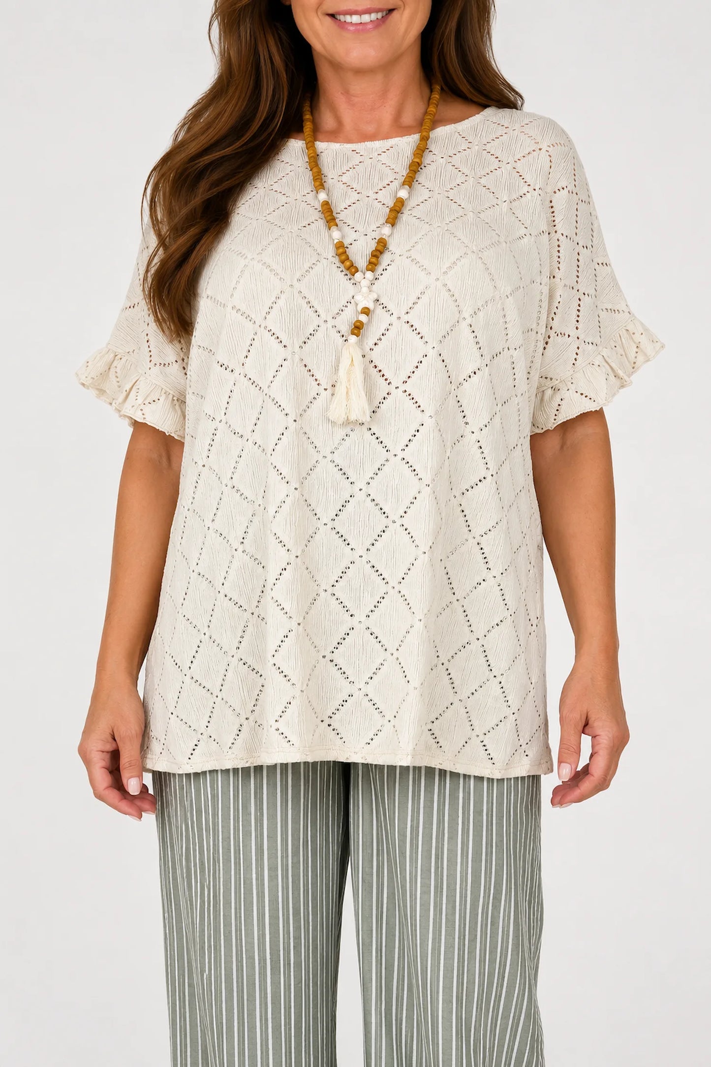 Lightly Textured Frill Sleeve Giana Necklace Top - Beige