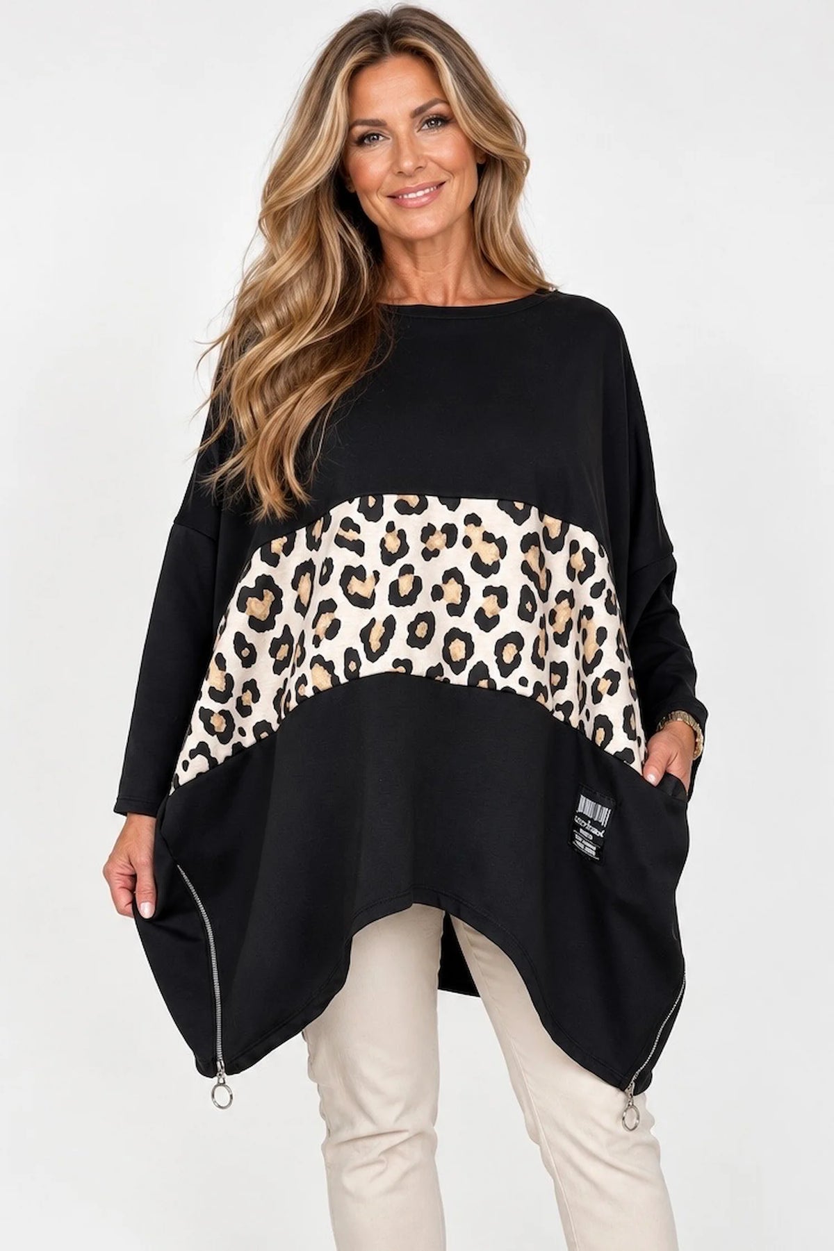 Zipped Hem Leopard Patch Badge Detail Double Pocket Varsia Top - Black