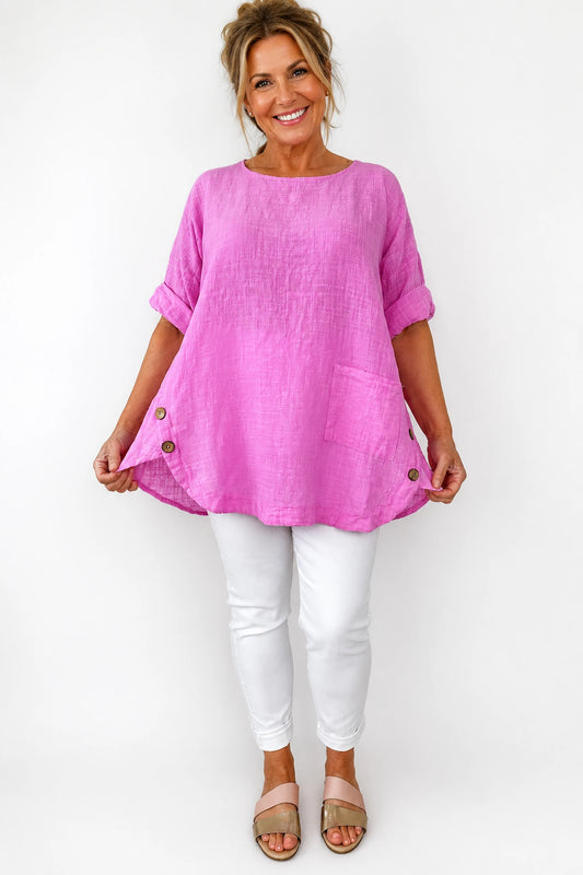 Linen Look Pure Cotton Button Detail Pocket Venice Top - Lipstick Pink