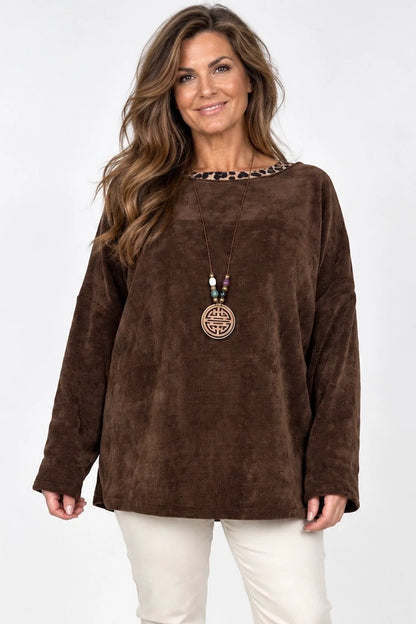 Bella Leopard Line Chenille Necklace Top - Chocolate