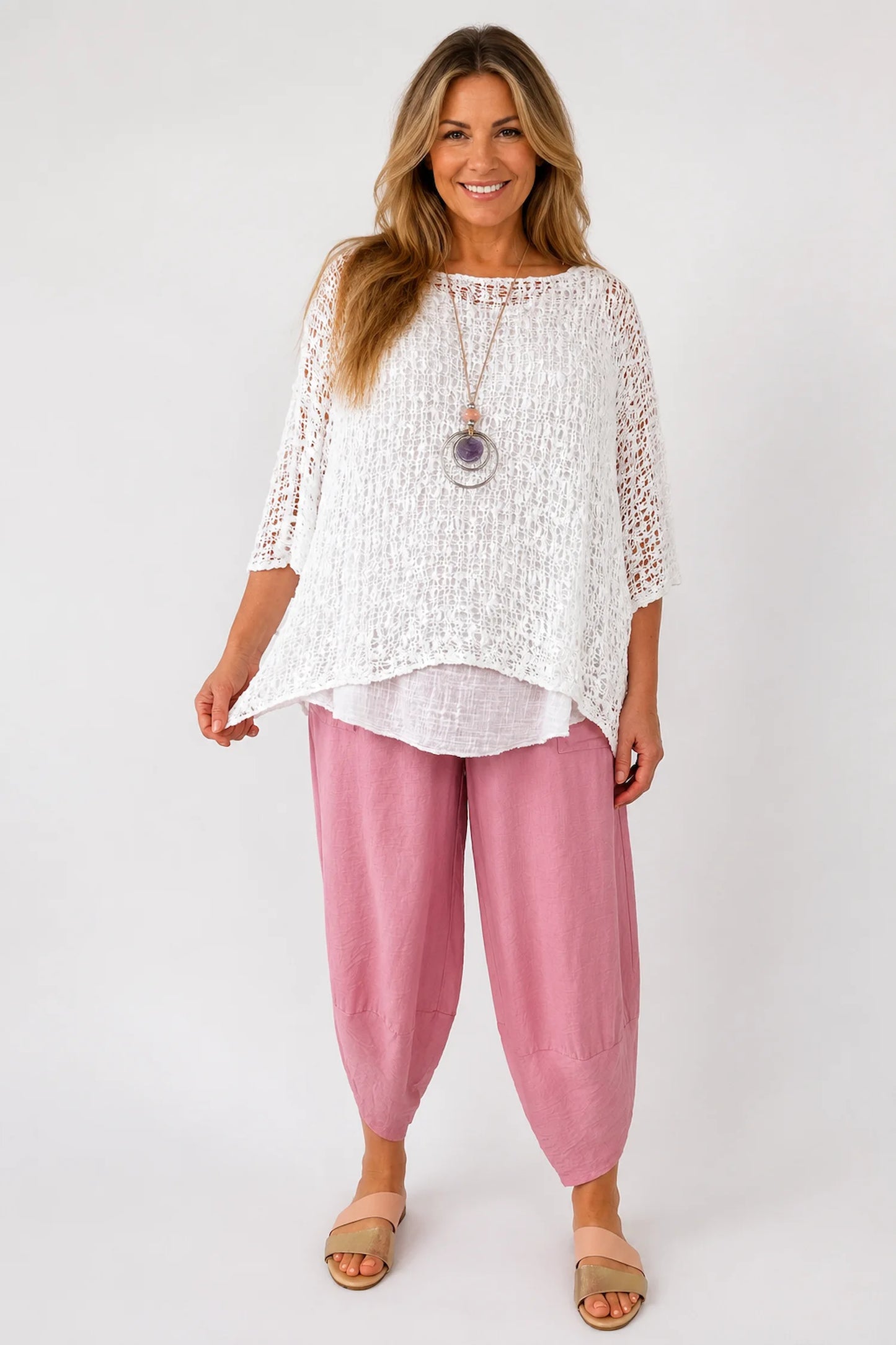 Amelia Ikat Premium Stitch Batwing Crochet - White