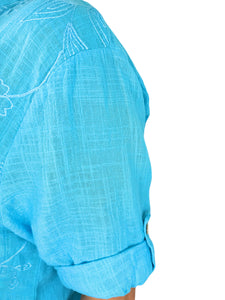 Pure Cotton Embroidery Anglaise Button Sleeve Elara Shirt - Turquoise