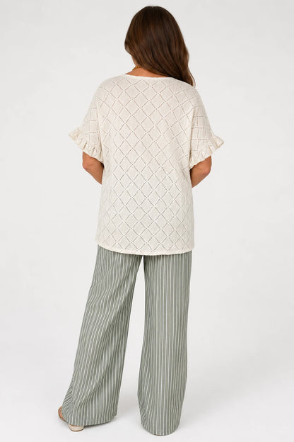 Lightly Textured Frill Sleeve Giana Necklace Top - Beige
