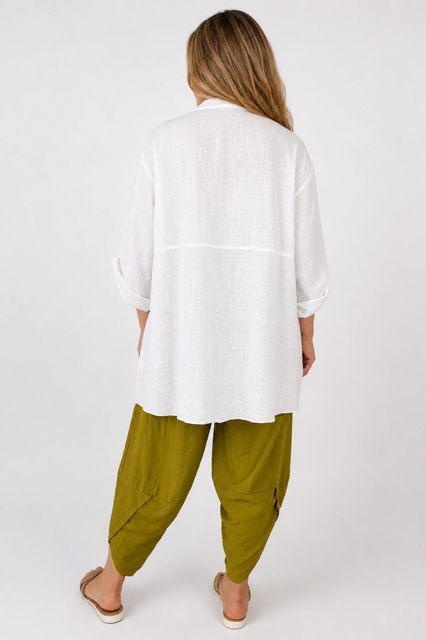 Linen Cotton Blend Button Sleeve Monica Button Shirt - White