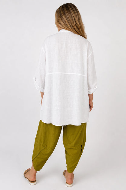 Linen Cotton Blend Button Sleeve Monica Button Shirt - White