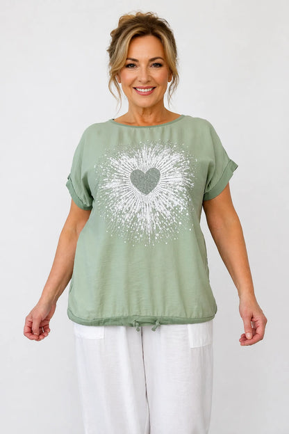 Diamanté Heart Burst Drawstring Hem Detail Faria Top - Light Khaki