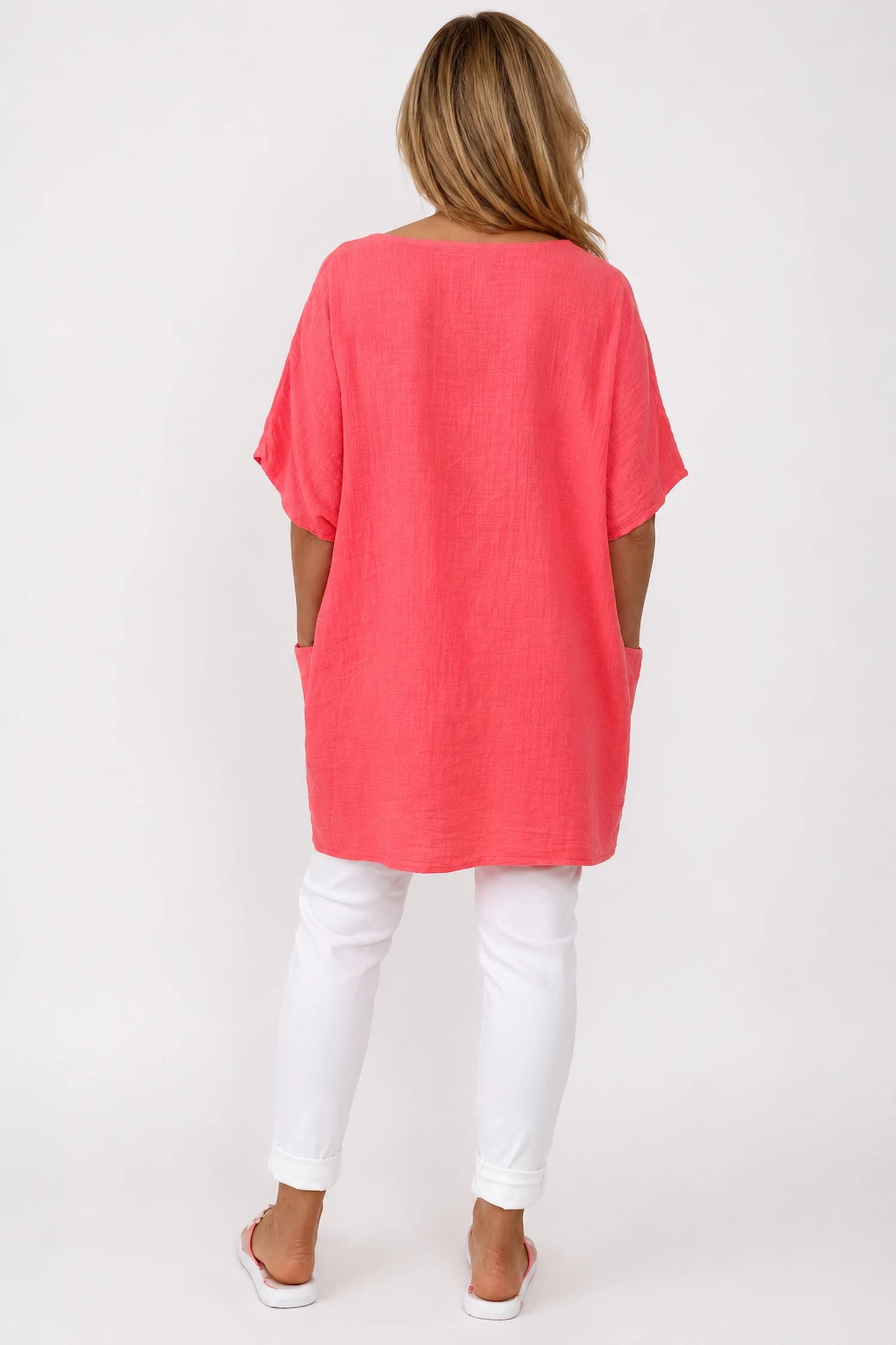 Pure Cotton Double Pocket Coté Tunic Top - Coral
