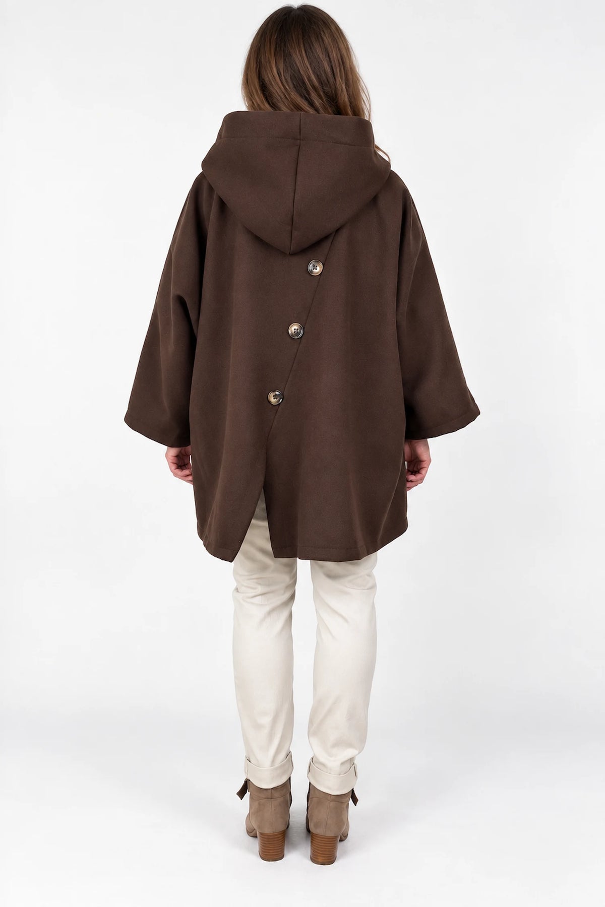 Double Button Pocket Zipped Button Back Sophia Hooded Coat - Chocolate
