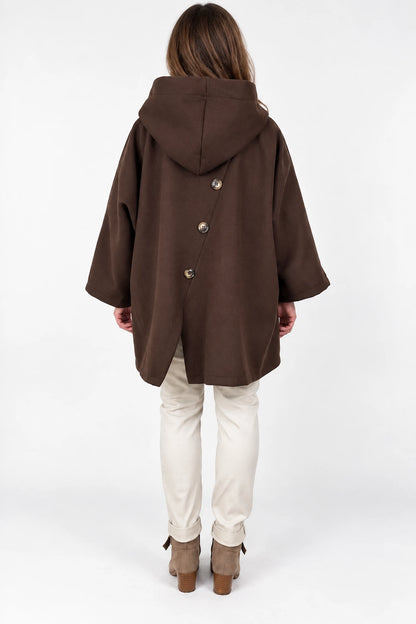 Double Button Pocket Zipped Button Back Sophia Hooded Coat - Chocolate