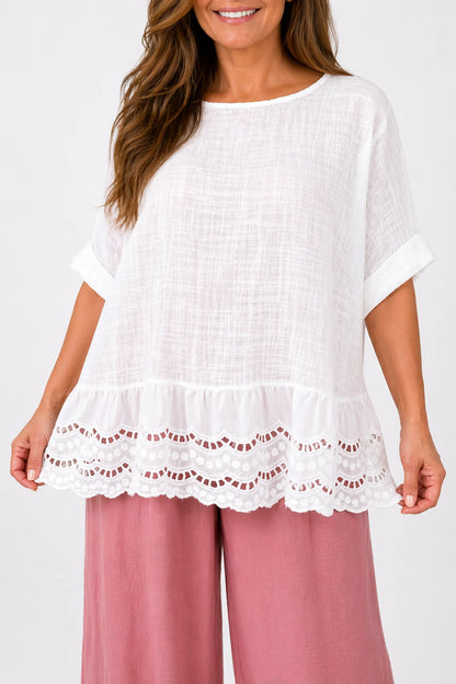 Pure Cotton Embroidery Anglaise Crochet Hem Caprina Top - White
