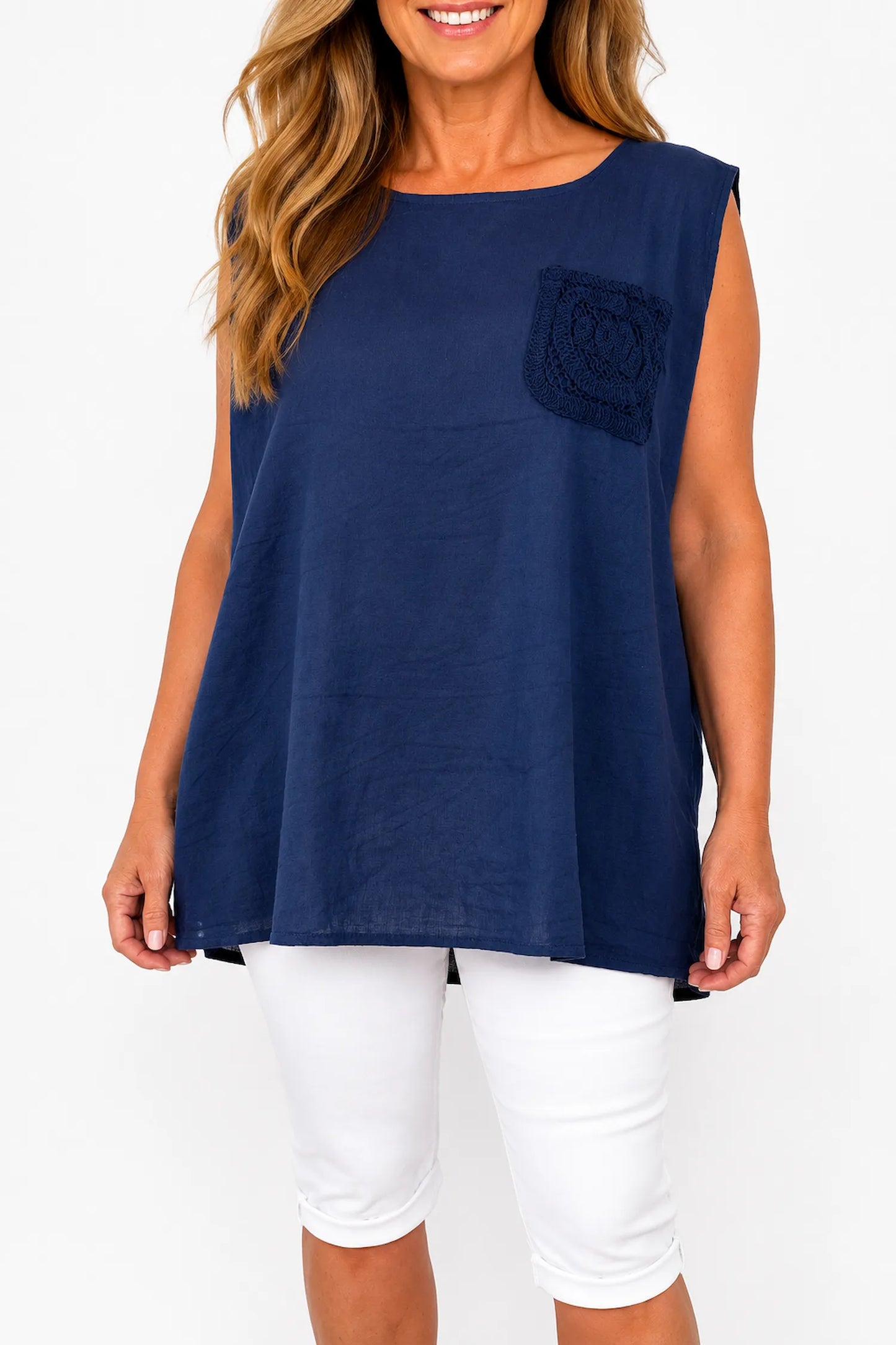 Linen Cotton Mix Button Back Embroidered Crochet Pocket Primrose Vest - Navy