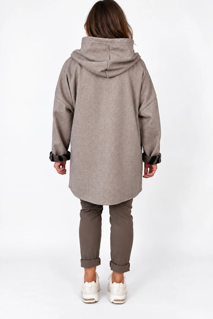Double Pocket Zipped Contrast Animal Print Lined Valentina Brushed Hooded Coat - Mocha